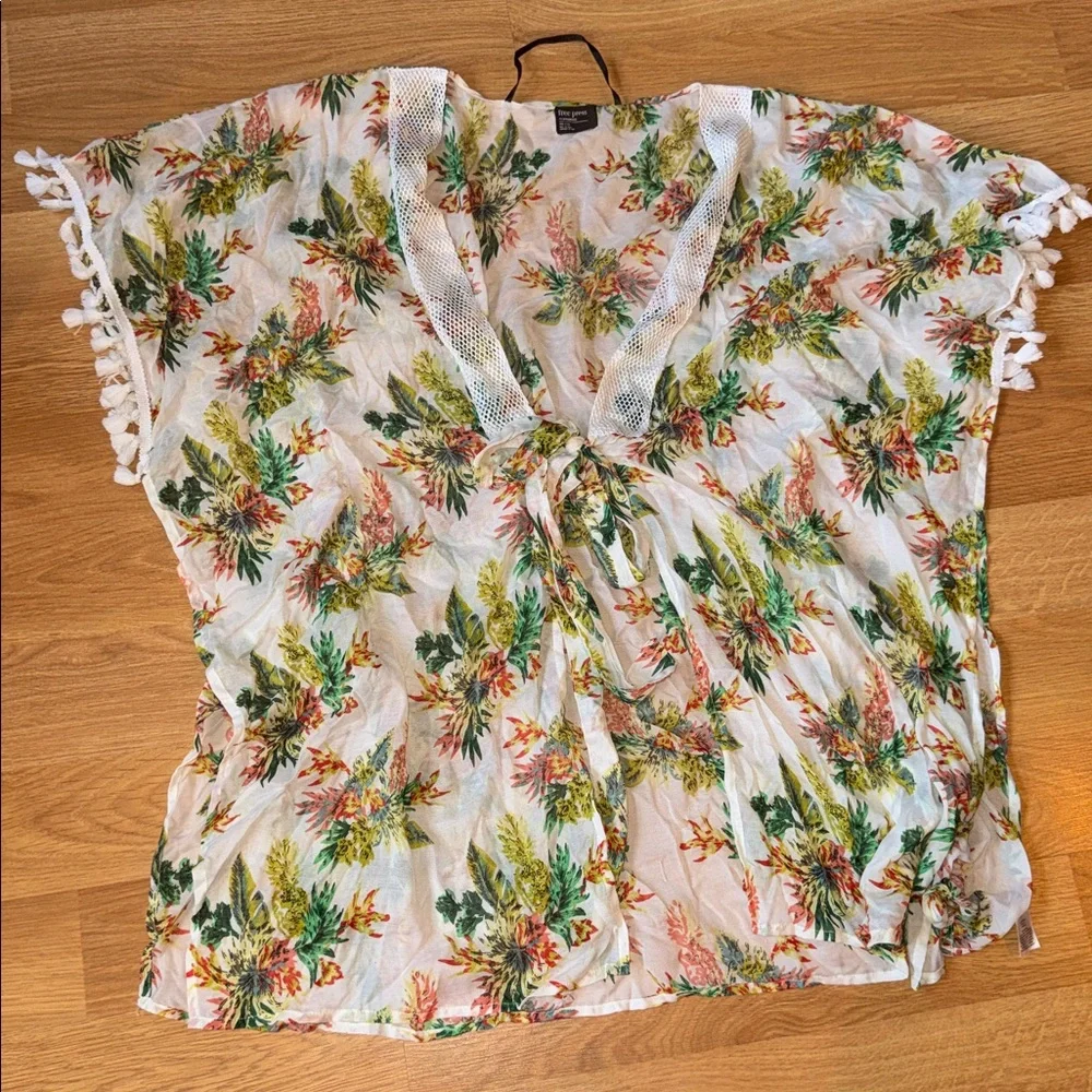 Free Press Green/White Tropical Wrap swimsuit cover up (OS) Fringe cruise ship